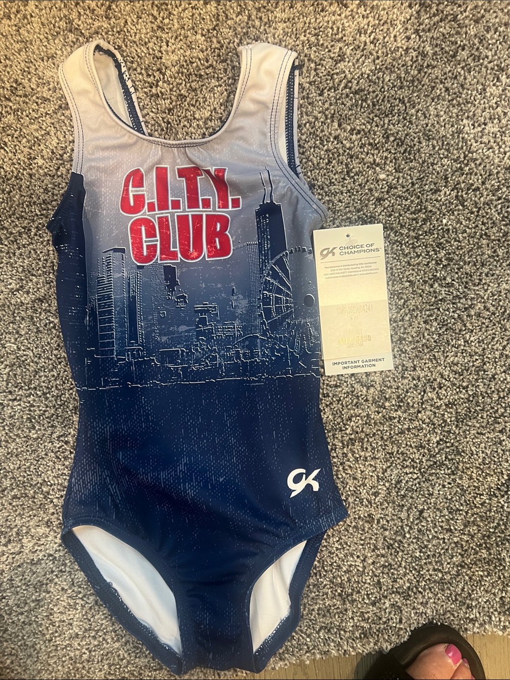 GK Kids Navy, Gray & Red 'City Club' Gymnastics Leotard Size CS-New